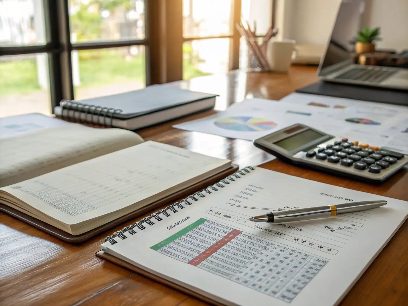 A professional setting with financial charts, calculators, and currency symbols, illustrating key financial concepts and strategies for business success.