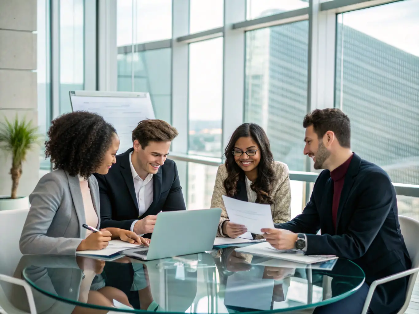 An image of a diverse team collaborating in a modern office space, brainstorming and strategizing for business growth.