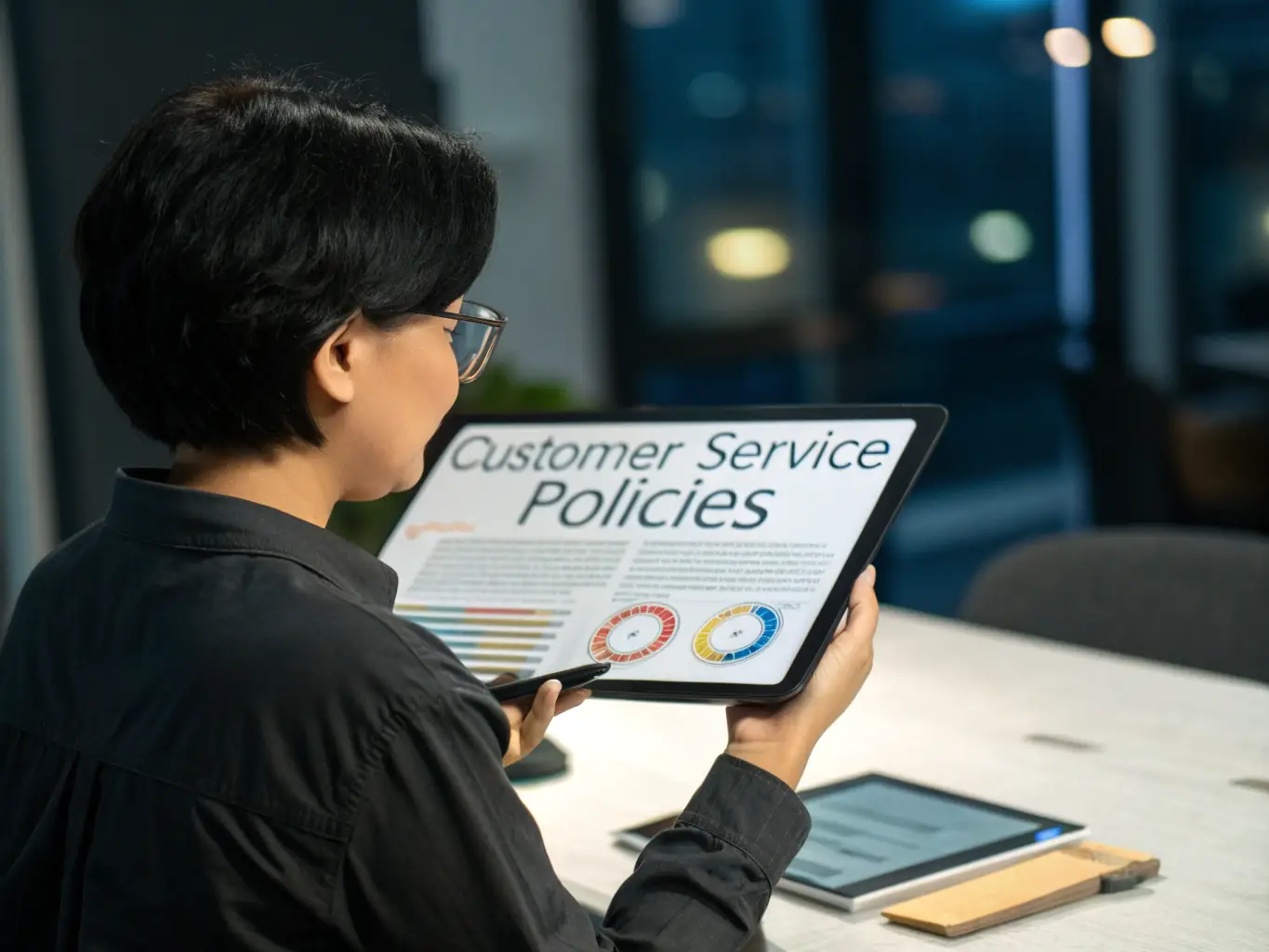 A focused image of a person analyzing business data on a tablet, surrounded by charts and graphs, representing data-driven decision-making.